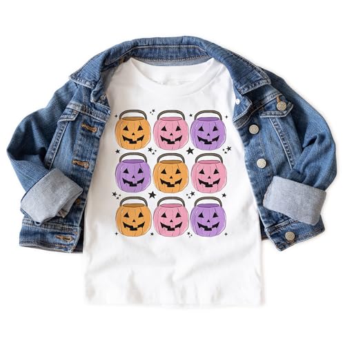 Retro Jack O Lantern Candy Buckets Girls Shirt - Cute Kids Halloween Trick Or Treating Outfit - Natural Toddler, Youth Clothing3