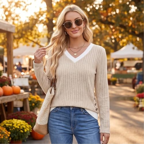 Womens Lightweight Sweaters Slim Color Block Cute Ribbed Knit Work Shirts - image 3