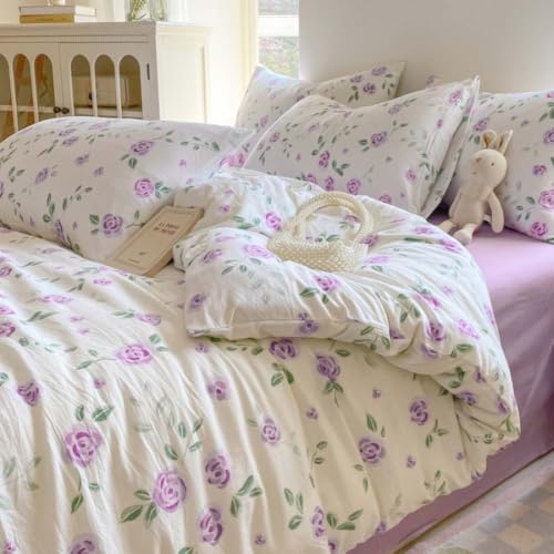 Image of Nayoroom Purple Floral Duvet Cover Queen Size Rose Flower Botanical Leaves Printed on White Duvet Cover 3 Pieces Soft Lightweight Microfiber Cottagecore Bedding Set