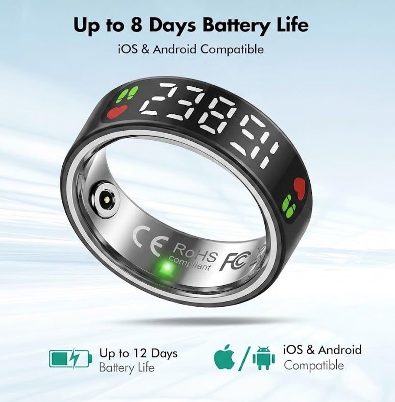 Image of Aeoss AI Smart Ring with LED Display, Real-Time Health Tracker & Monitor Sleep, Prayer Count, Gesture Control for Music and Camera, 5ATM IP68 Waterproof (Black, Size-8)