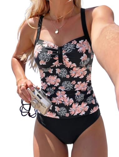 Image of ZAFUL Womens Tankini Swimsuits V Neck Push Up Swim Top with Cheeky Shorts | ColorBlock Tummy Control High Waisted Bathing Suits Swim Bottom for Women Summer Party 2026