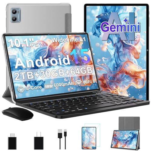 Image of Tablet 2026 Android 15 Tablets with 2.0GHz Octa-Core, 30GB 64GB 2TB Expand, 10 inch Tablet with Keyboard, FHD IPS Display, Gemini AI, 8MP Camera, WiFi 6, 6000mAh, Widevine L1, BT 5.0 -Gray