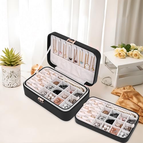 Image of BucketList Large PU Leather Jewellery Organizer Box with Necklace Hooks | Multi-Layer Jewelry Storage Case with Removable Tray & Secure Lock (PU Leather with Removable Tray (Black))
