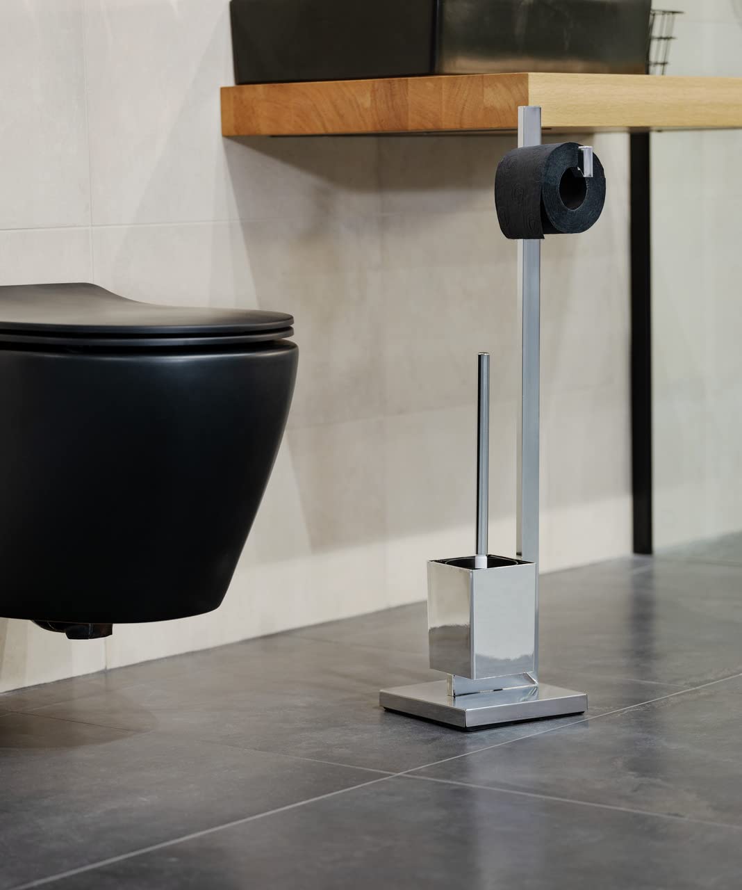 WENKO Piantana portarotolo e scopino WC Quadro - tubo squadrato, Acciaio, 23.5 x 72.5 x 18.5 cm, Cromo