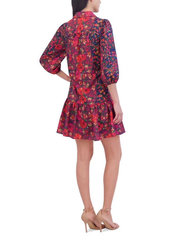 Jessica Howard Women's Mixed-Print Collared Split-Neck Dress (Red Combo, 6)3