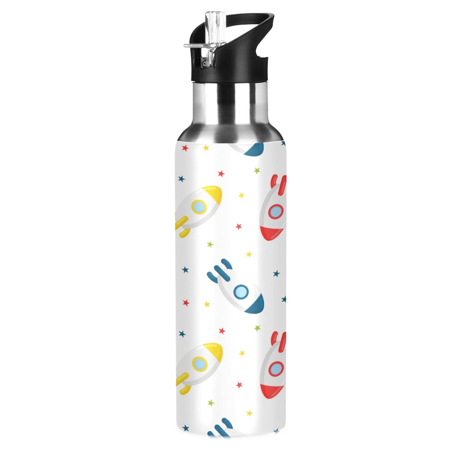 Vnurnrn Simpatico Razzo Spaziale Regalo Bottiglia Acqua Acciaio Inox, Isolato Borraccia Termica Senza BPA 600ML per Bevande Calde e Fredde per Bambini Sport Ciclismo Scuola