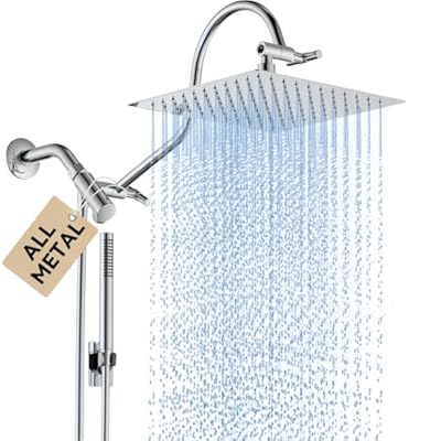 All Metal Dual Shower Heads Combo with Curved Extension Arm, 10" High Pressure Rain Shower Head with Handheld Spray, Square Adjustable Rainfall Showerhead System, 71" Extra Long Shower Hose, Chrome
