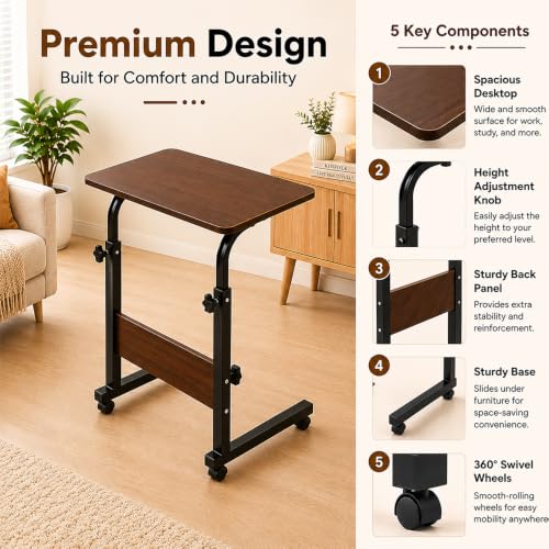 Image of Ant Esports BRAVO LT400 Multipurpose Height Adjustable Laptop Table with Wheels, Rolling Computer Desk, Portable Study Table,Home Office Desk,Mobile Workstation, Dark Walnut Top With Black Metal Frame