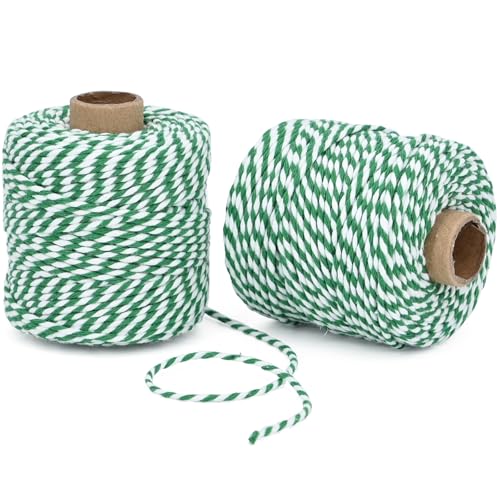 Rophomor Cotton Twine String, 2mm Thick, 164 Feet per Roll, 2 Pack, for Crafts Gift Wrapping Baking Holiday Decor,Green and White