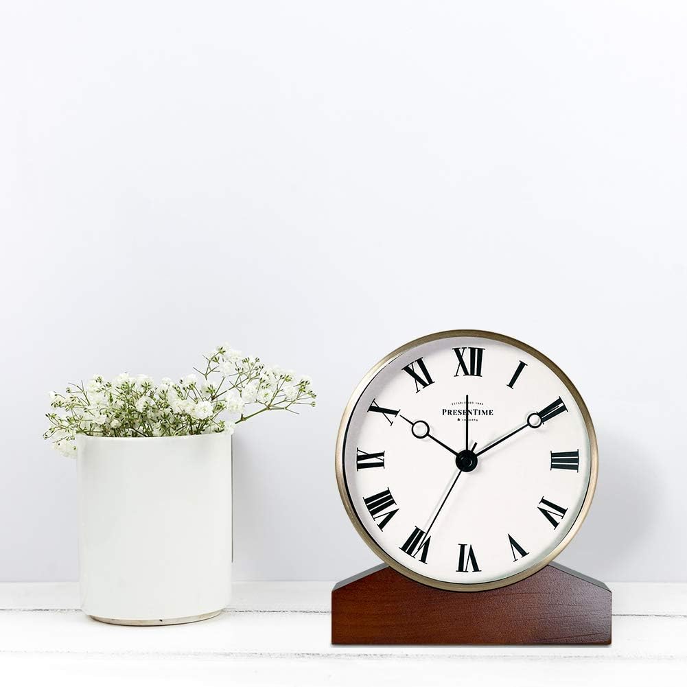 Presentime & Co Mozart Mantel Alarm Clock, Desk and Shelf Clock, Tabletop Decoration, 6 x 5.5 inch, Silent no Ticking, Wooden Base, Walnut Finish, Golden Color, Roman Numeral
