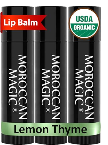Image of Moroccan Magic Organic Lemon Thyme Lip Balm 3 Pack | Ultra-Hydrating Argan & Essential Oil Lip Moisturizer + Vitamin E | Natural Chapstick for Dry Lips | Smooth, Non-Toxic | Organic Lip Balm
