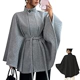Manteau cape à manches chauve souris pour femme, col montant noué sur le devant, manteau en laine mélangée, manteau d'automne et d'hiver, veste cape courte 2026, gris, L