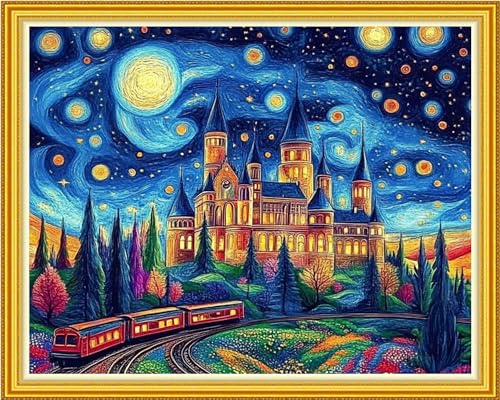 Image of Fanxvivy Stamped Cross Stitch Kits for Beginners Full Range of Cross Stitching Preprinted Embroidery Kits for Adults, 11CT Embroidery Pattern Needlepoint Kits-Van Gogh Castle Train 16x20 inch