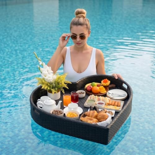 Image of BRISHI Luxury Floating Serving Tray | Swimming Pool Floats for Adults for Sandbars, Spas, Bath, and Parties | Floating Tray for Pool Serving Drinks, Brunch, Food on The Water (Black).