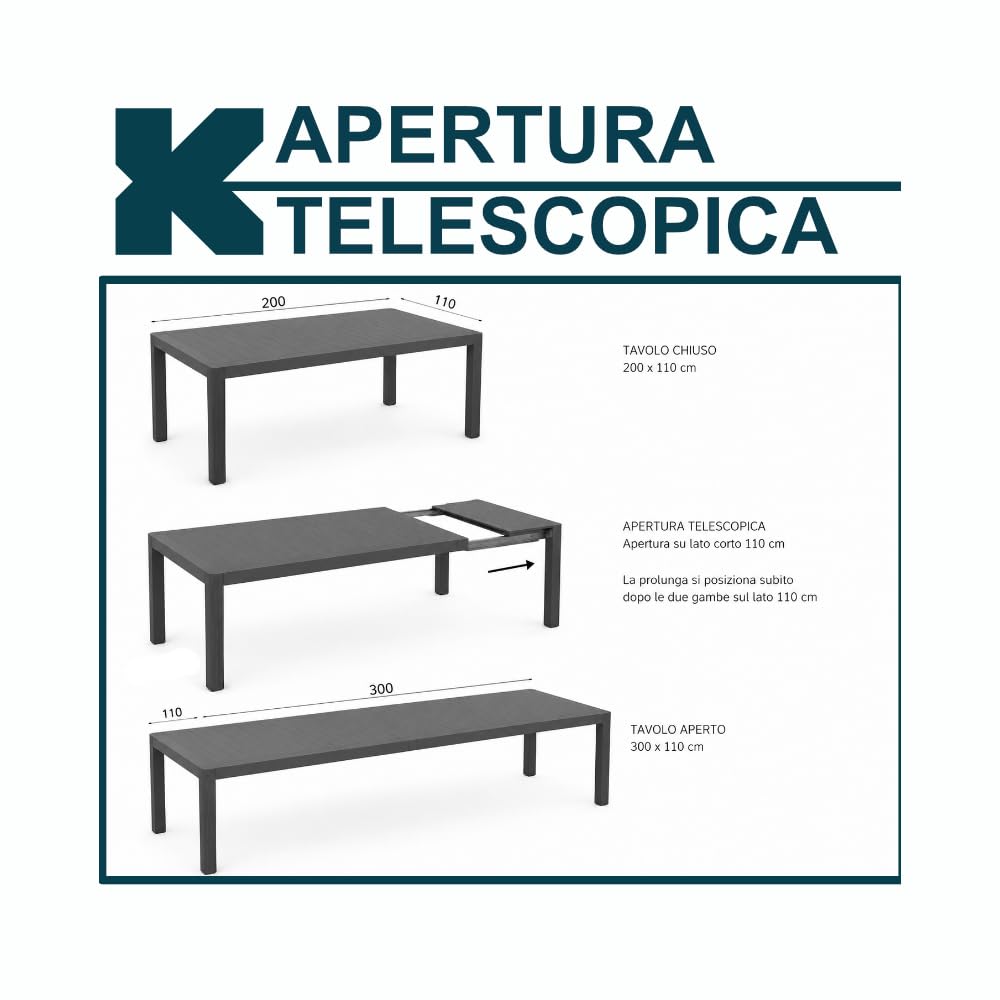 Tavolo Allungabile da Esterno Aliseo Antracite in Alluminio Verniciato a Polvere, Piano in Doghe, Apertura Telescopica, da Assemblare, 200/300 x 110 x 77,5 cm
