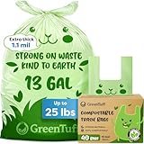 13 Gallon Compostable Trash Bags (40 Count) — Leakproof Plant-based Thick (1.1 Mil) Tall Kitchen Garbage Bags — ASTM D6400 BPI Certified — Heavy-Duty Large Food Scrap Liner Bag with Handle-Tie