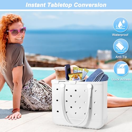 Tray Topper with Cup Holder for Bogg Bag Medium Tote - Phone Holder & Drink Holder Fits for Stanley 40oz - Beach Bag Top Organizer Storage Lid (White)4