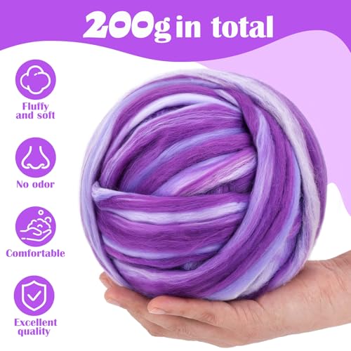 Image of Wool Roving 7.02oz Colored Natural Needle Felting Wool Bulk for Spinning, Arm Knitting Blanket, Wet Felting, Handcrafts, Yarn Roving for DIY Craft Materials(Lavender Ombre)