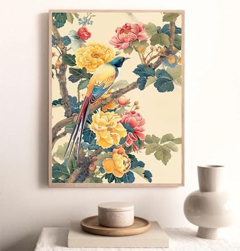 Peinture murale fleurs et oiseaux sur toile vintage pour créer un salon cosy et coloré