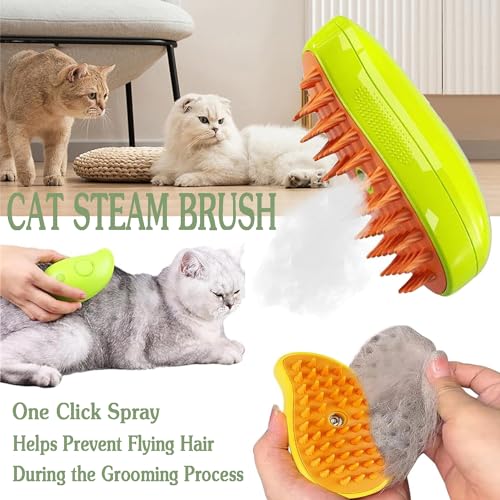 Image of Steamy Cat Brush, 3 In 1 Cat Steamer Grooming Brush Pet Hair Removal Comb, Self Cleaning Cat Steam Brush for Massage, Pet Shedding Brush for Removing Tangled and Loose Hair for Cat Dog (Green)