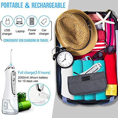 Water Flosser Cordless Oral Irrigator Portable Rechargeable Dental Flossers with 5 Modes & 6 Tips Water Flossing with 300ml Water Tank for Home and Travel, Braces & Bridges Care