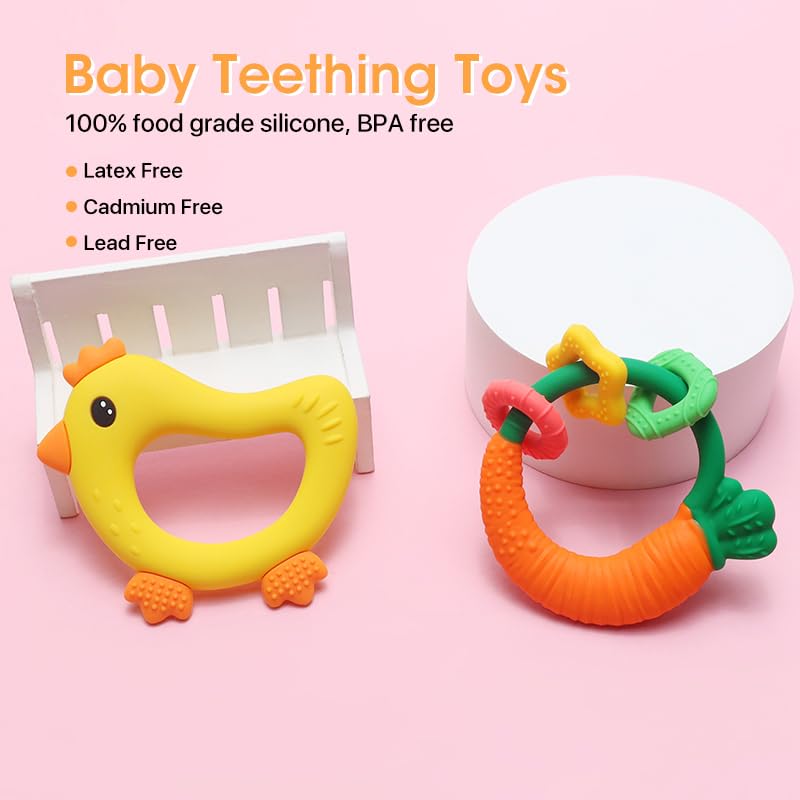 Baby Teether with Easy-Hold Handle, Silicone, BPA-Free, Soothe Sore Gums, Textured for Sensory Development, Teethable Surfaces - Baby Teething Toy for 3 Months & Up (Carrot and Chicken)