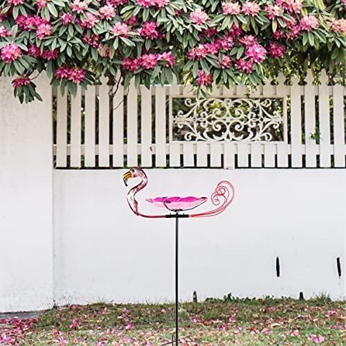 HONGLAND Flamingo Bird Feeder Glass Bowl Birdfeeder Stake with Metal Stand 9 inch Small Bird Bath for Yard Garden Outdoor