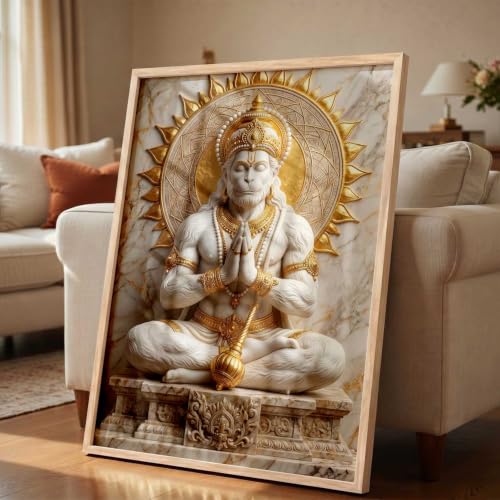 Image of CRAFTLYN Hindu God Wall Art WALL ART Prints Framed Spiritual Religious Paintings for Living Room, Pooja Room, Bedroom, Office, Meditation Room, Home Decor (Hanuman ji, 13X19, Brown)