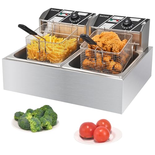 Commercial Deep Fryer with Baskets, 3400W 12.7QT/12L Thickened Stainless Steel Countertop Electric Oil Fryer, Large Capacity with Temperature Control