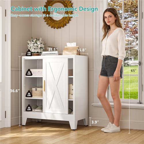 Image of 37 inch H Coffee Bar Storage Cabinet with Sliding Door and Adjustable Shelves,31.5 inch Wide by 15.8 inch Deep Small Metal Cabinet,Buffet Sideboard for Living Room Kitchen,White