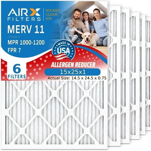 AIRX Filters 15x25x1 Air Furnace Filter MERV 11 Allergy Dust Pet Dander(6-Pack) Electrostatic Pleated Replacement Filter HVAC AC Filter Made in USA(Actual Size: 14.50 x 24.50 x 0.75 in)