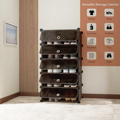 Image of AYSIS 5 Shelf DIY Shoe Rack Box Organizer ^ Multi-Purpose Plastic Shoe Rack for Home, PP Plastic Home Rack with Door for Entryway, Chappal Slipper Shoe Stand【Black, 5-Shelf-5-Door】
