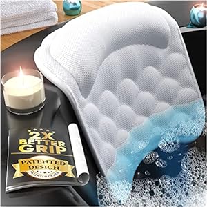 Premium Bathtub Pillow with Storage Bag [10 Extra Large Suction Cups] Bath Pillow for Neck and Head Support, Washable…