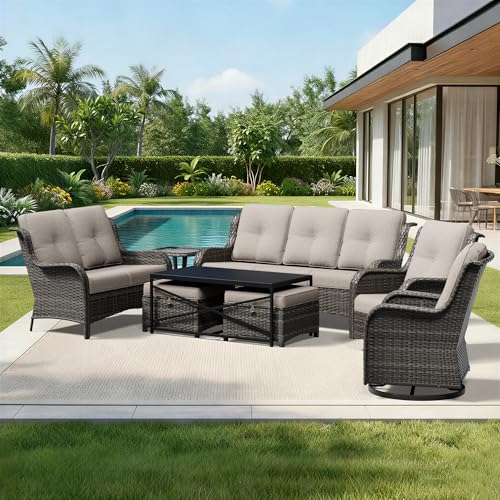 Image of Joyside 8 Piece Wicker Patio Furniture Set, Outdoor Swivel Rocker Patio Chairs with High Back, Deep Seating, Wide Armrest, Thickened Cushions, Outdoor Furniture for Deck, Porch Use