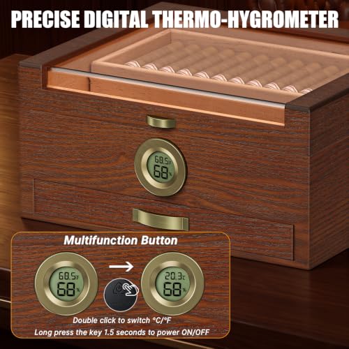Image of Tesonway Cigar Humidor, Glass Top Cedar Cigar Box with Music System | Desktop Humidor with Wood Tray, Digital Hygrometer, Humidifier, Divider, Accessories Drawer, 2 Cigar Tubes & 3 Cigar Cutters