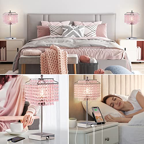 Image of Luvkczc Set of 2 Bedside Pink Crystal Table Lamp, Touch Control Crystal Lamp, Dimmable Lamp for Bedroom, Girl Living Room, 6W B11 Bulb Included