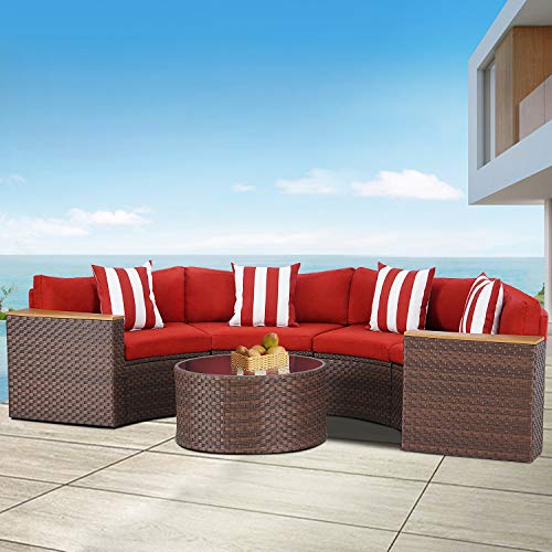 Patiomore 5-Piece Outdoor Sectional Half-Moon Conversation Set All Weather Brown Wicker Sectional Sofa