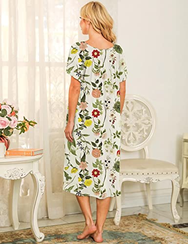 Image of Bloggerlove Mumu House Dress for Women with Pockets Short Sleeve Nightgowns | 15% Cotton, 80% Polyester, 5% Spandex, Floral Mumu House Dress, V-Neck, Short Sleeves, Midi Length, 2 Side Pockets, Lounging