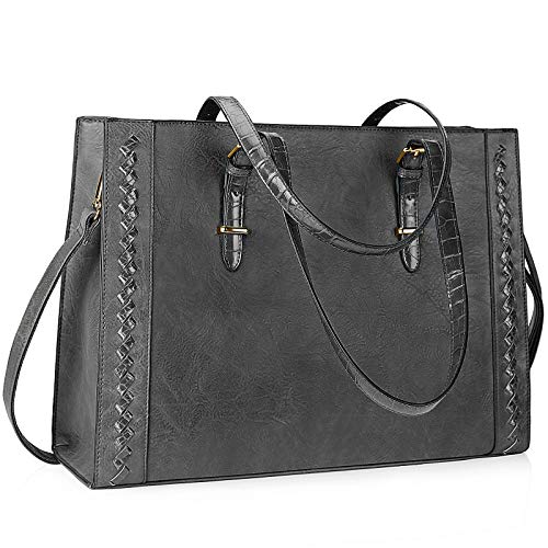 Lubardy Bolsos Mujer Grandes Bolso Universidad Mujer de Hombro Cuero Bolso Shopper Mujer para Portatil 15.6 Pulgadas Bolso Tote Impermeable de Compras PU Gris Cover