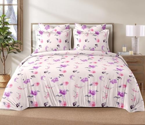 Image of 240 TC Cotton Feel Glace Cotton Elastic Fitted Printed King Size Double Bed Bedsheet with 2 Pillow Covers and Fits Upto 4-6 inches Mattress, Size- 72 inchx78 inch(Lily2)