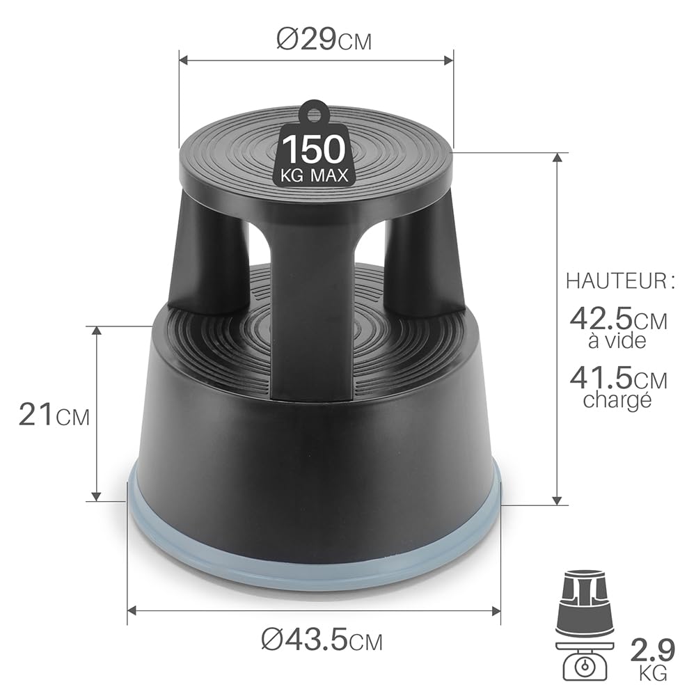 Marchepied Tabouret Mobile à roulettes avec Blocage Automatique – 2 marches antidérapantes Hauteur 43 cm, Plastique renforcé incassable, Charge 150 kg, Noir Certifié TUV - GS
