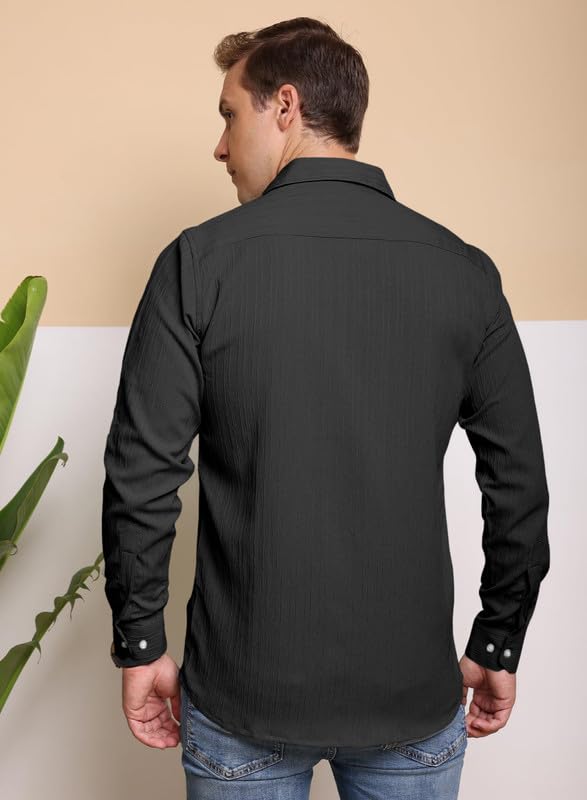 Image of Macsivo Men's Popcorn Shirt with Spread Collared Long Sleeve Button Down Closure Curved Hem Length | Linen Shirt for Man