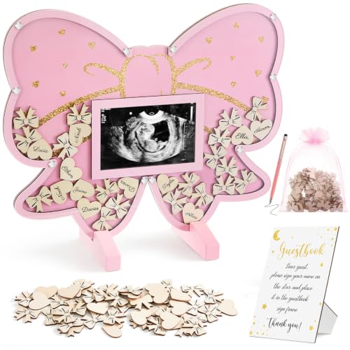 Image of Kosiz Pink Bow Baby Shower Guest Book, Coquette Aesthetic Acrylic Guest Book Alternative with Wooden Bows and Hearts for 60 Guests, Baby Shower Sign and Nursery Keepsake