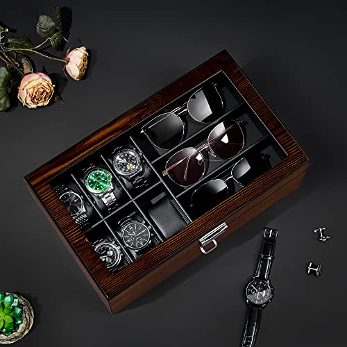 Bewishome Watch And Sunglasses Box Organizer For Men, Men's Jewelry Box，Watch Box Organizer With Valet Drawer，2-Tier Watch Holder And Glasses Display Cases,Smooth Faux Leather Interior, Brown Ssh32Y #TOP5