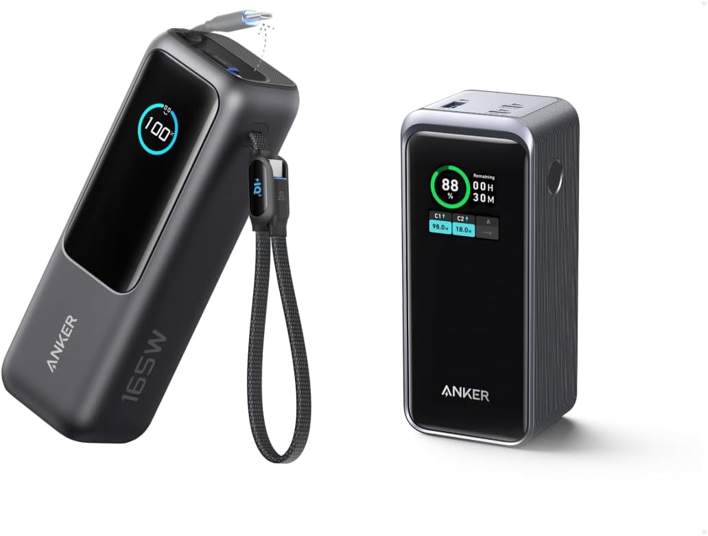 Anker Laptop Power Bank with 25K and 165W, USB-C and Retractable Cable, Prime Power Bank, 20,000mAh, 200W Output, Smart Display, Compatible with iPhone, Samsung, MacBook