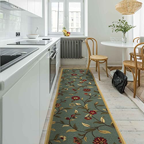 Ottomanson Ottohome Collection Non-Slip Rubberback Floral Leaves Design 3X10 Indoor Runner Rug, 2'7" X 9'10", Seafoam Green #TOP2
