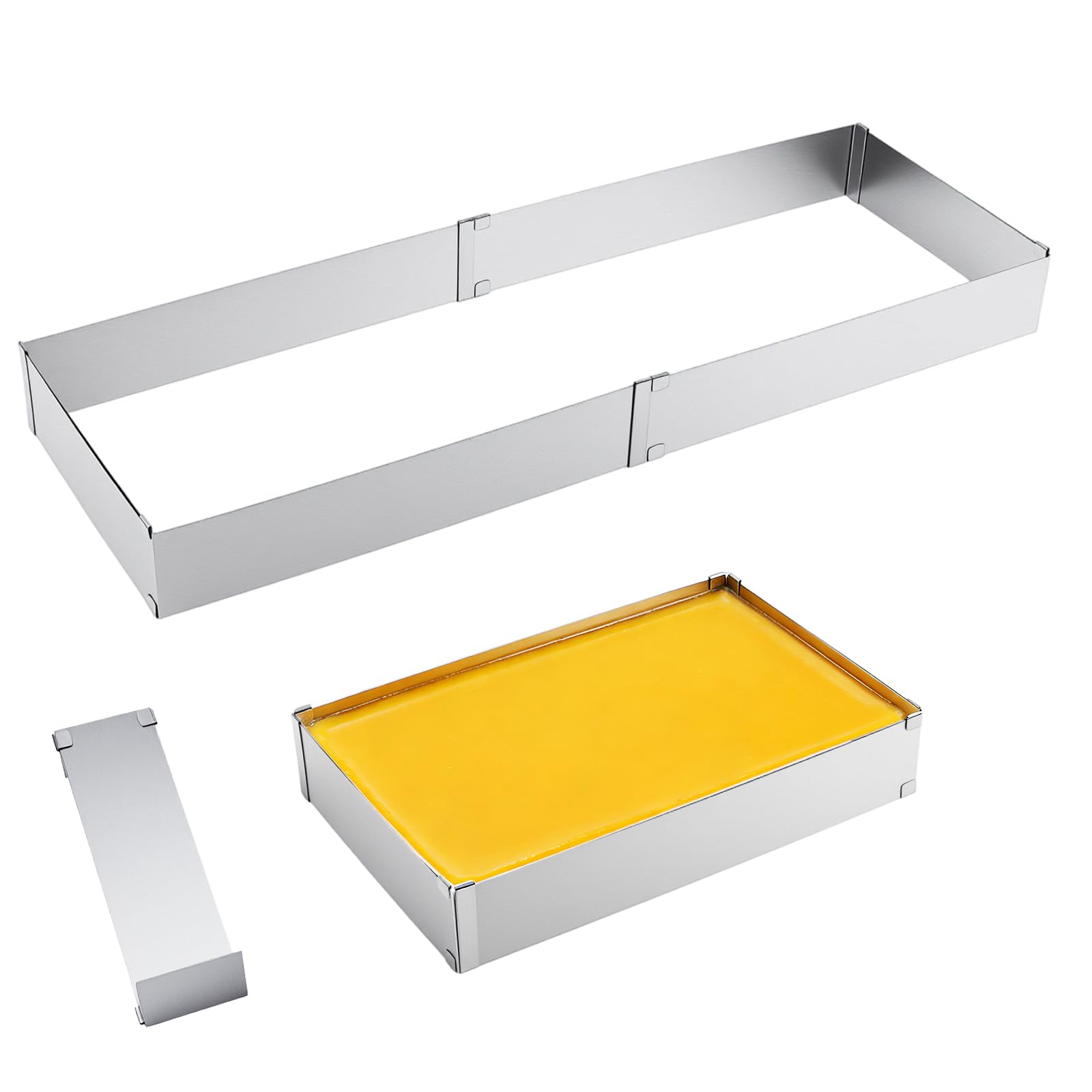 TAICHEUT 2 PCS Adjustable Rectangle Cake Tin, Stainless Steel Square Baking Mold with Divider and Spatula for Cakes, Pies, Pizza Baking and Decorating (27.5x18.5cm to 52.5x34cm)