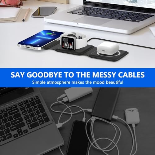 Image of 3 in 1 Magnetic Foldable MagSafe Compatible Wireless Charger for iPhone Series Compatible with AirPods 2 /3, Pro2, Pro3 Compatible with only iPhone Watch Series, 23W Charging - Black
