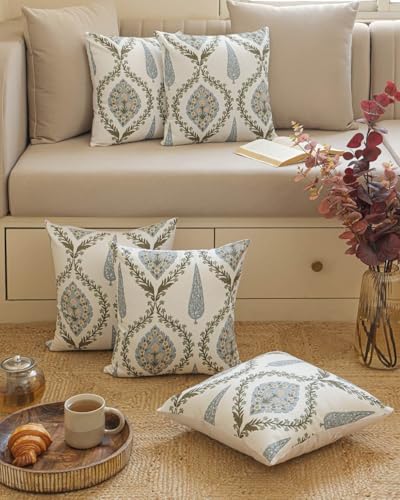 Image of Clasiko Set of 5 Cushion Covers 16x16 Inch - Duck Cotton Decorative Cushion Covers Ivory Vintage Floral