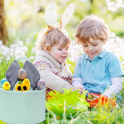 Image of Easter Basket Seersucker Egg Hunt Bunny Baskets for Kids with Cute Rabbit Ears Stripe Storage Gifts Candies Personalized Easter Party Gifts.